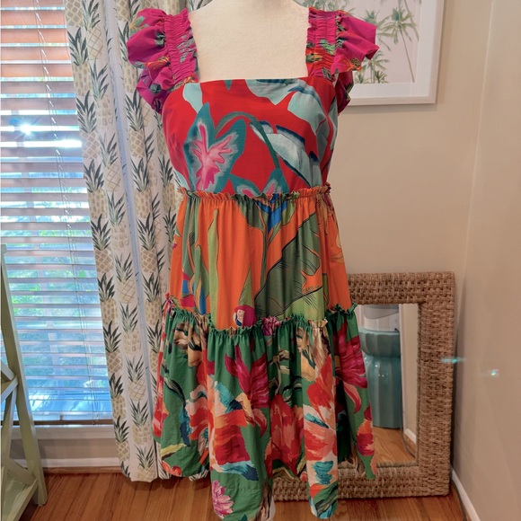 FARMRIO Foliage Mix Mini Dress Tropical Floral Ruffle Sleeve Tucan Cotton Size L - Picture 6 of 9